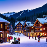 **Whistler Village at dusk:** Cozy, warmly lit chalets nestled in the snow-covered mountains, skiers and snowboarders relaxing after a day on the slopes, vibrant après-ski scene.