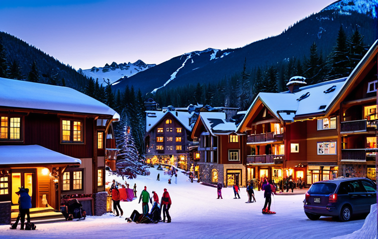**Whistler Village at dusk:** Cozy, warmly lit chalets nestled in the snow-covered mountains, skiers and snowboarders relaxing after a day on the slopes, vibrant après-ski scene.