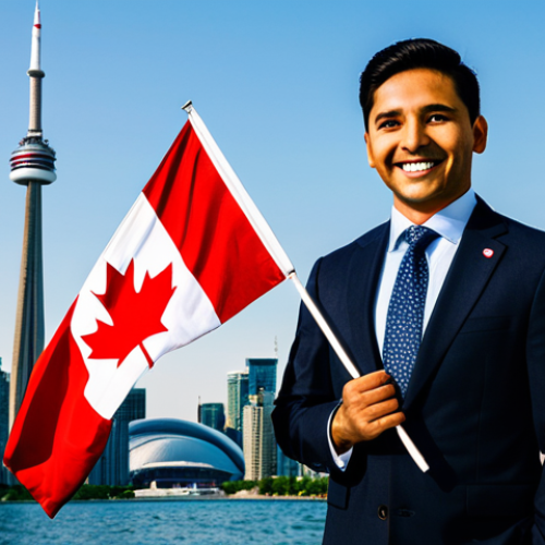 Successful Immigrant in Canada**

A confident and smiling immigrant professional, fully clothed in professional attire, standing in front of the CN Tower in Toronto, Canada, holding a Canadian flag, safe for work, appropriate content, perfect anatomy, natural proportions, professional lighting, family-friendly, high resolution.

**