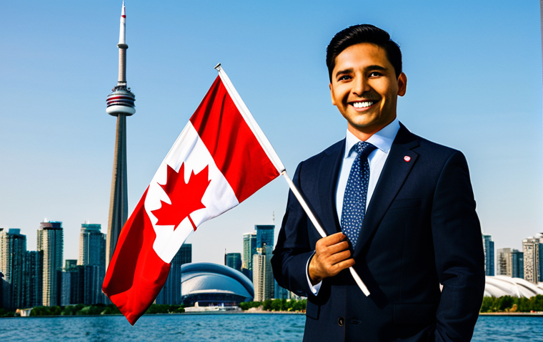 Successful Immigrant in Canada**
A confident and smiling immigrant professional, fully clothed in professional attire, standing in front of the CN Tower in Toronto, Canada, holding a Canadian flag, safe for work, appropriate content, perfect anatomy, natural proportions, professional lighting, family-friendly, high resolution.
**