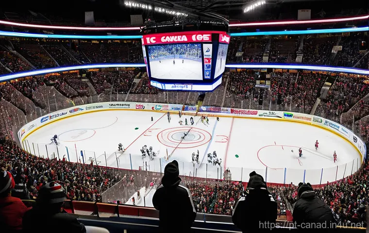 캐나다의 인기 스포츠와 리그 소개 - **Prompt: Canadian Ice Hockey Passion**
    "A thrilling wide-angle view of a packed National Hockey...