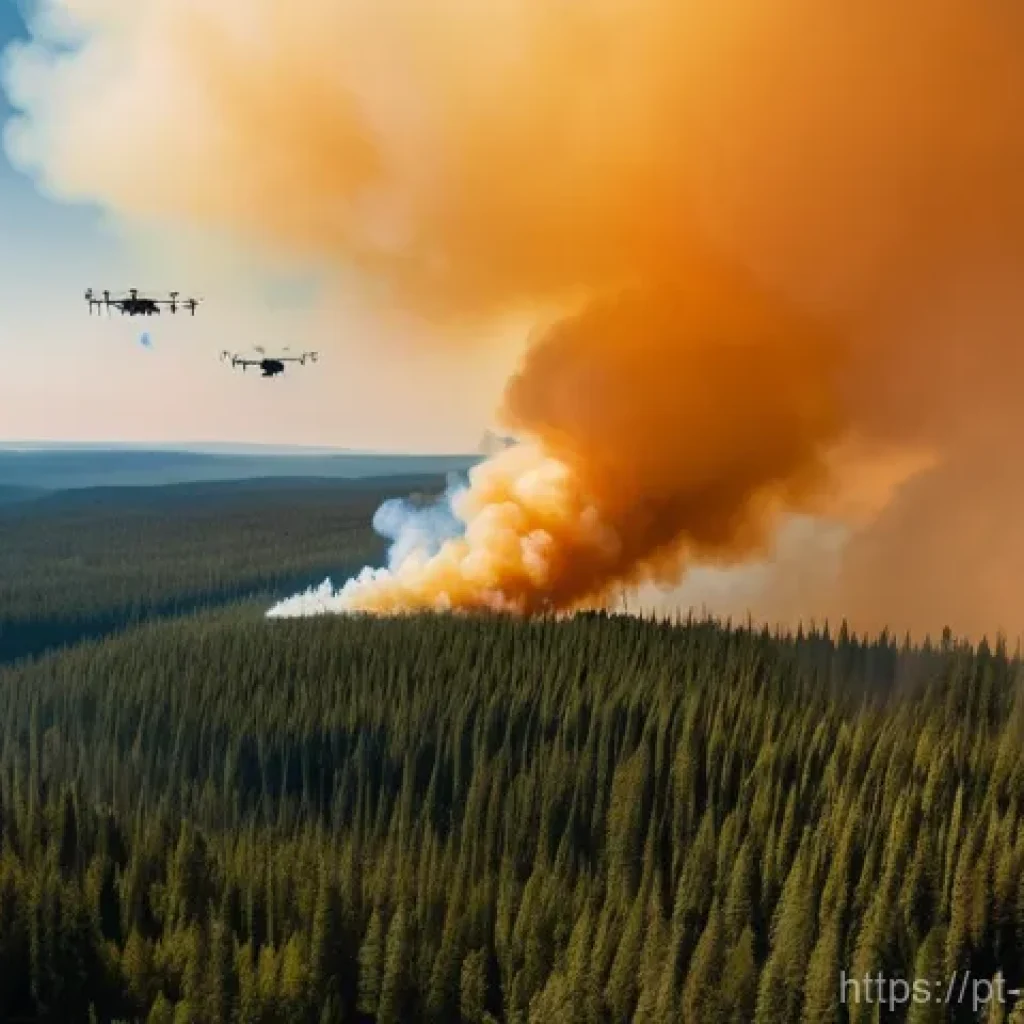 캐나다의 기후 변화와 환경 문제 - **Prompt:** A panoramic, dramatic aerial view of a vast Canadian forest, with towering, dense smoke ...