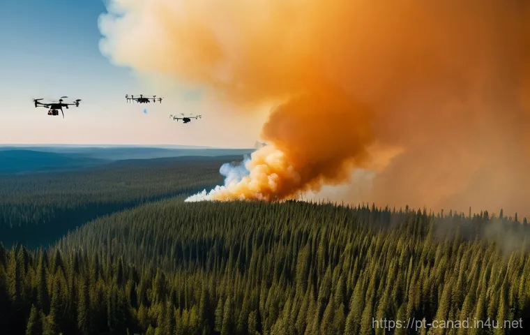 캐나다의 기후 변화와 환경 문제 - **Prompt:** A panoramic, dramatic aerial view of a vast Canadian forest, with towering, dense smoke ...