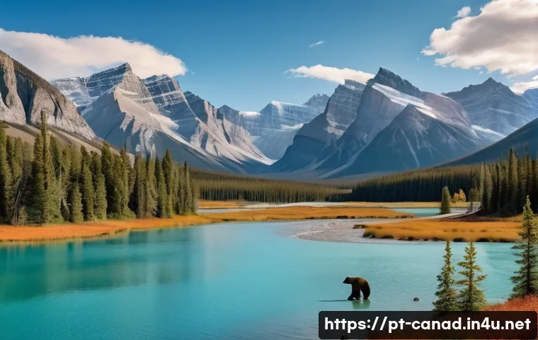 캐나다의 야생동물 보호구역 - A breathtaking panoramic view of Banff National Park in Alberta during early autumn, featuring a ser...