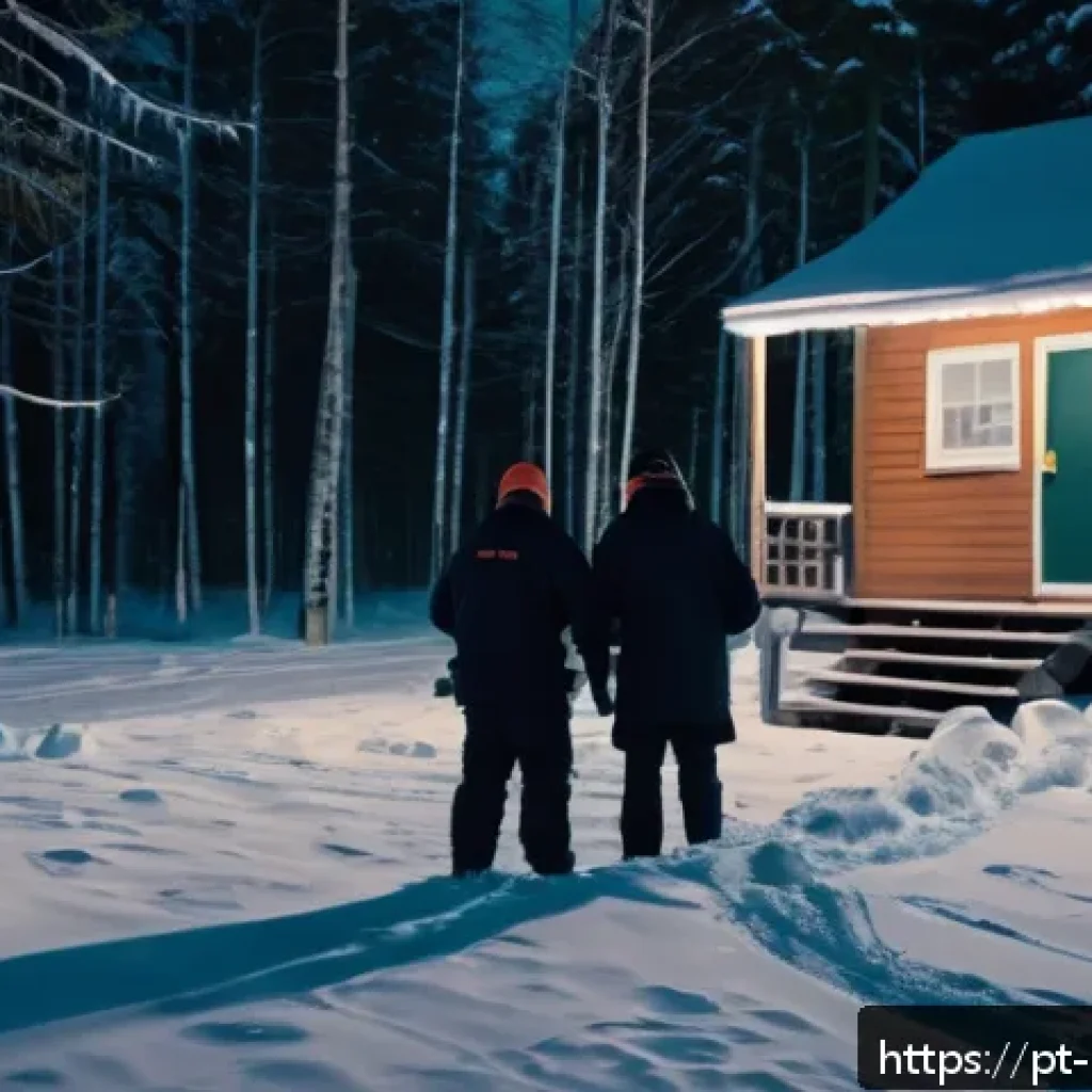 캐나다에서 발생한 유명한 미제 사건 - A detailed scene depicting a remote Canadian forest during a harsh winter night, with investigators ...