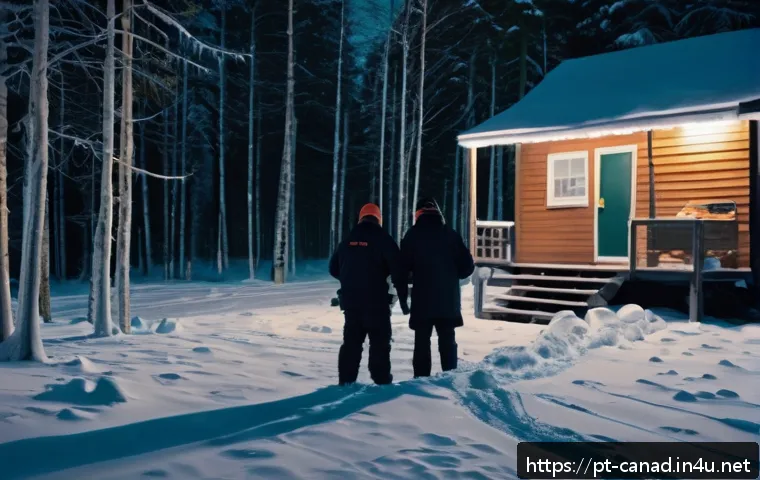 캐나다에서 발생한 유명한 미제 사건 - A detailed scene depicting a remote Canadian forest during a harsh winter night, with investigators ...