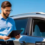 Home 19 캐나다에서 중고차를 구매하는 방법 - A detailed scene of a person at a Canadian car dealership holding a Carfax report while inspecting a...