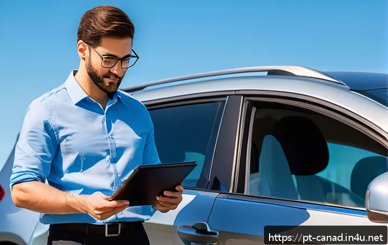 캐나다에서 중고차를 구매하는 방법 - A detailed scene of a person at a Canadian car dealership holding a Carfax report while inspecting a...