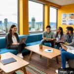 Home 18 캐나다 어학연수 비용과 과정 - A vibrant student accommodation scene in Vancouver, featuring a modern, diverse group of young inter...