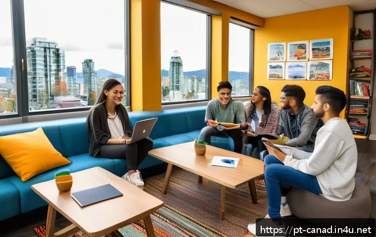 캐나다 어학연수 비용과 과정 - A vibrant student accommodation scene in Vancouver, featuring a modern, diverse group of young inter...