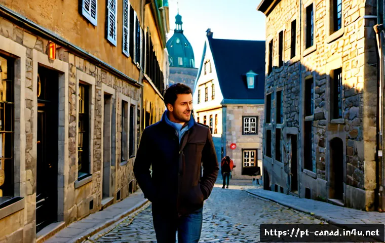 Home 17 캐나다와 프랑스어 사용 지역 - Photorealistic travel scene in Old Québec City, Canada, a Portuguese-speaking couple in casual autum...