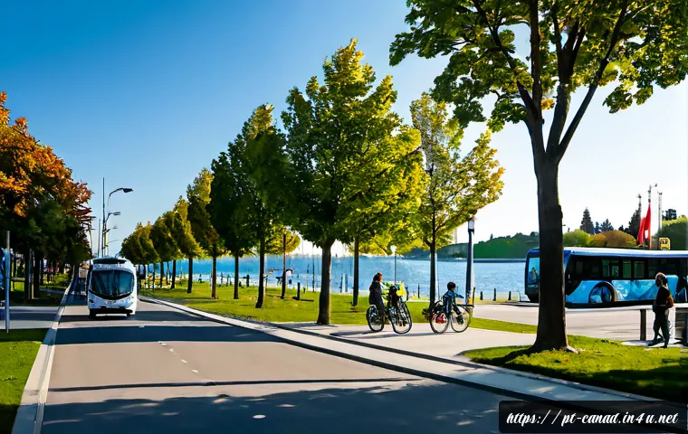 Home 17 캐나다에서 환경 보호를 위한 정책과 노력 - Photorealistic wide-angle scene of a Canadian urban waterfront park with modern electric buses, prot...